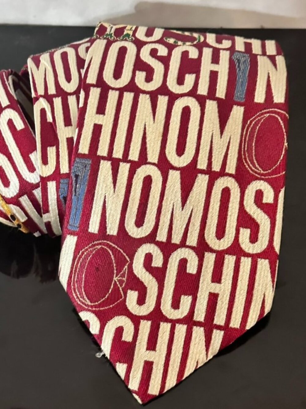 Moschino Logo Tie Collectors Item Necktie Silk Pop Art Vintage Red Graphic Loud